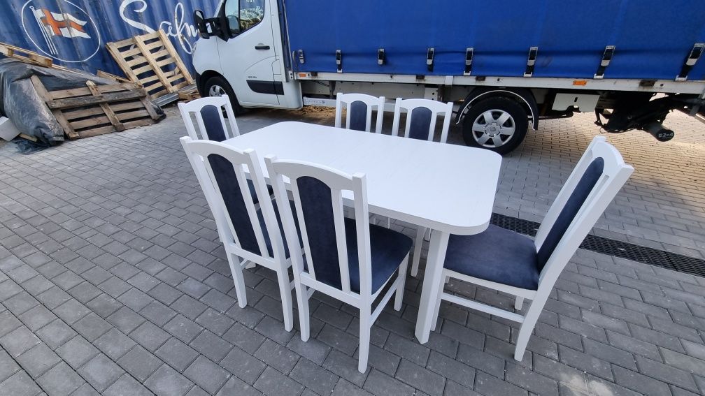 Nowe: Stół rozkładany + 6 krzeseł, biały + metaliczny granatowy