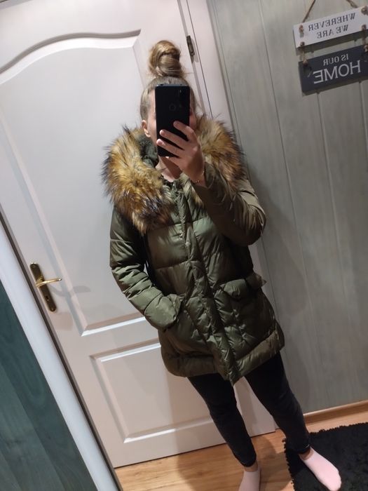 Kurtka płaszcz zimowy asymetryczny sztuczny jenot khaki S