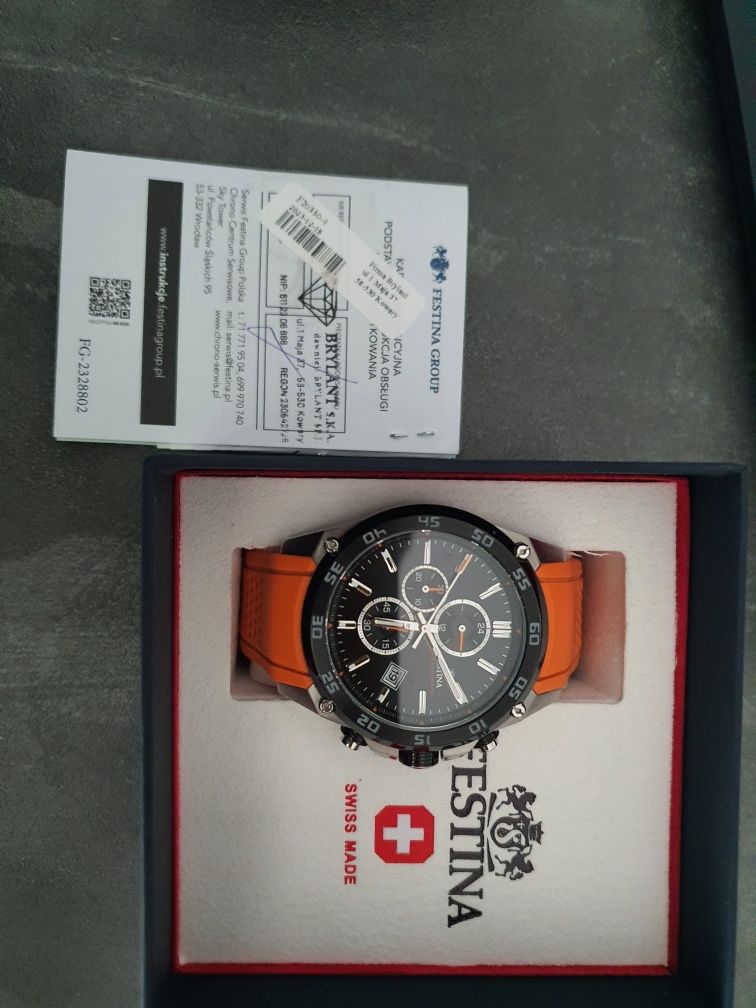 Męski zegarek FESTINA F20330/4 z pudełkiem, pasek pomarańczowy