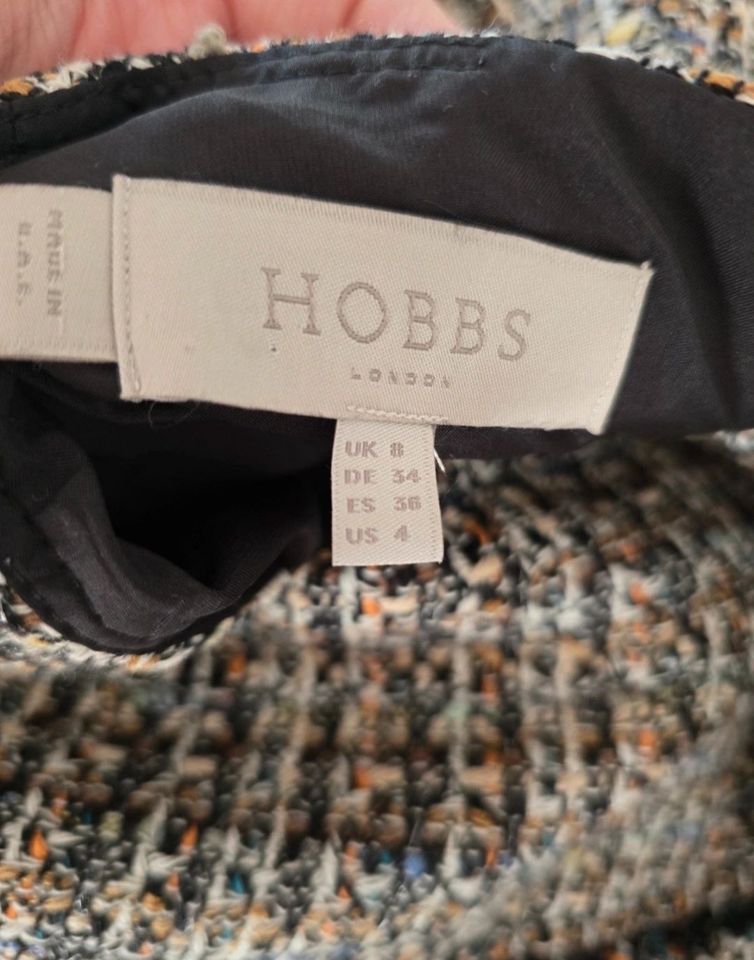 Sukienka midi HOBBS bdb 36 S tweedowa wielokolorowa strzępiona dekolt