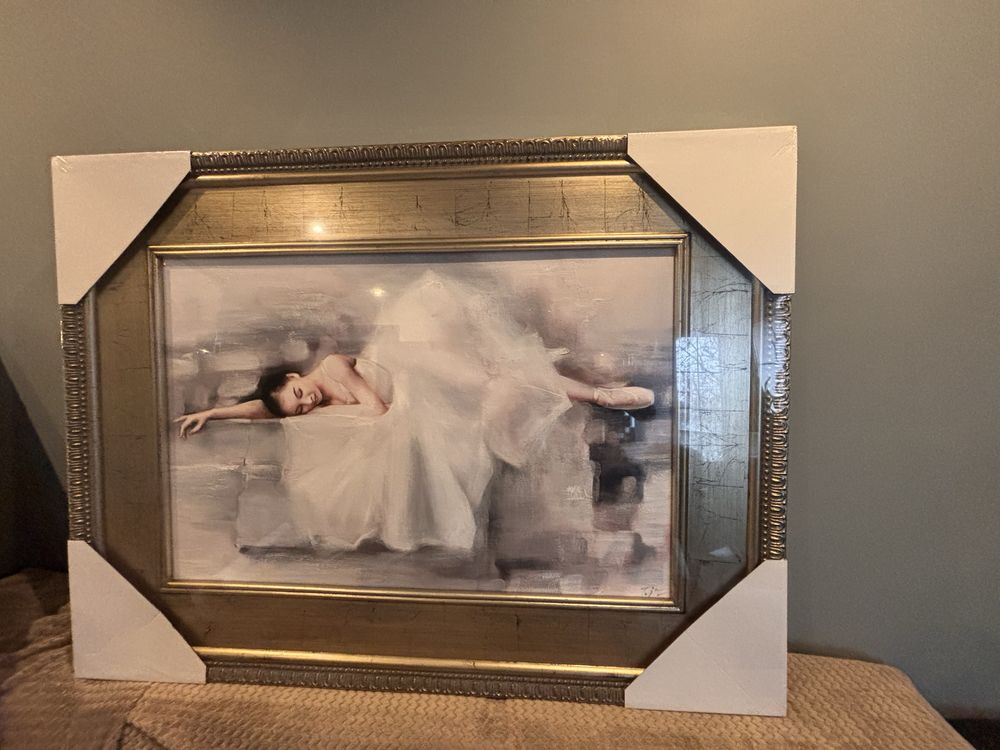 OKAZJA! Duży obraz olejny w srebrnej ramie 92x122cm baletnica