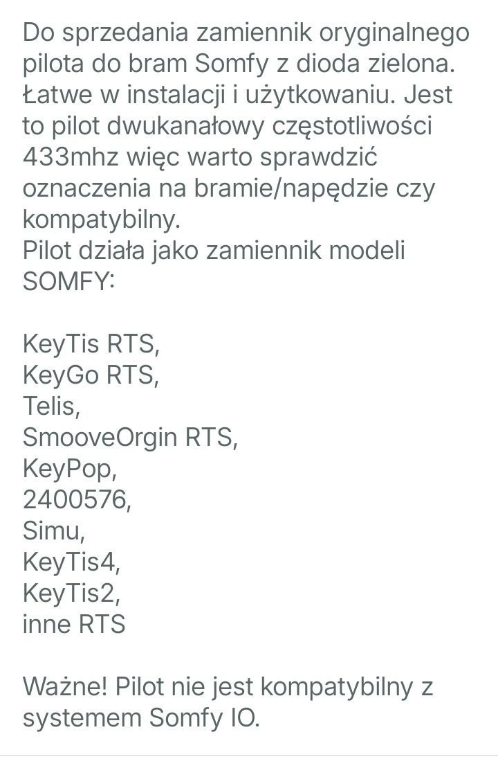 Pilot do bram RTS 433 Mhz 2 pinowy z diodą LED
