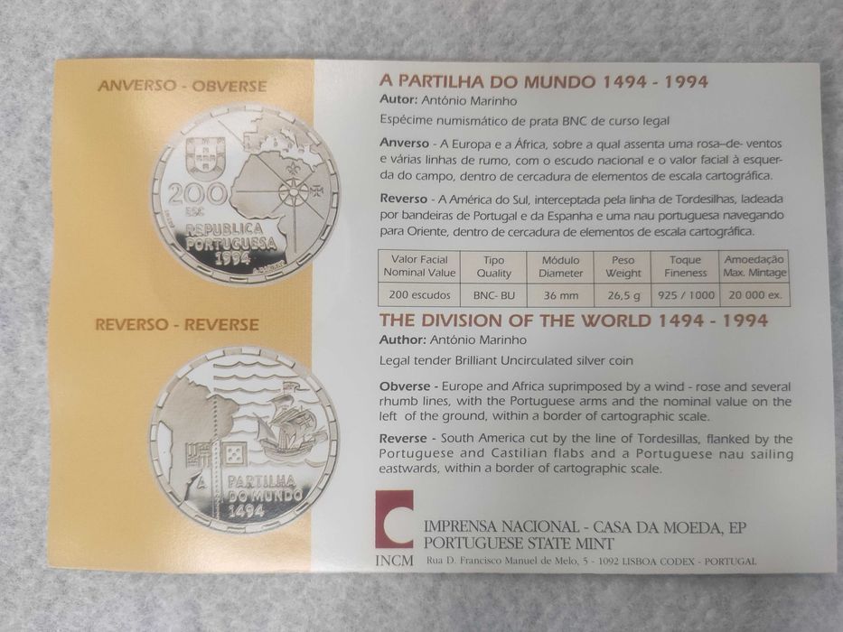 Moeda de 200$ - 26.5g PRATA 0,925 - Partilha do Mundo 1994