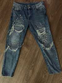 Spodnie jeansowe z cekinami, dziurami rozm. M bawełna jedwab
