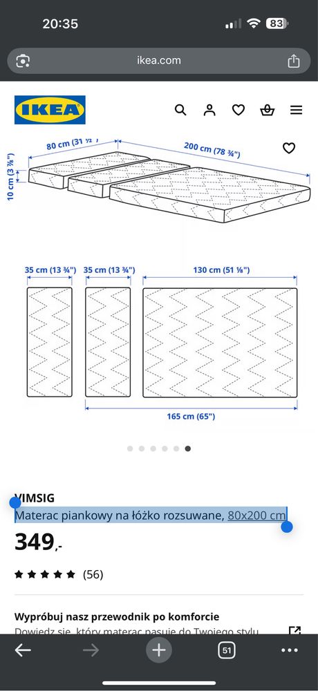 Materac piankowy na łóżko rozsuwane ikea80x200 cm