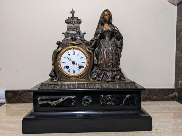 Antyczny zegar kominkowy, sygnowany Japy Freres. Brąz, Francja XIXw.