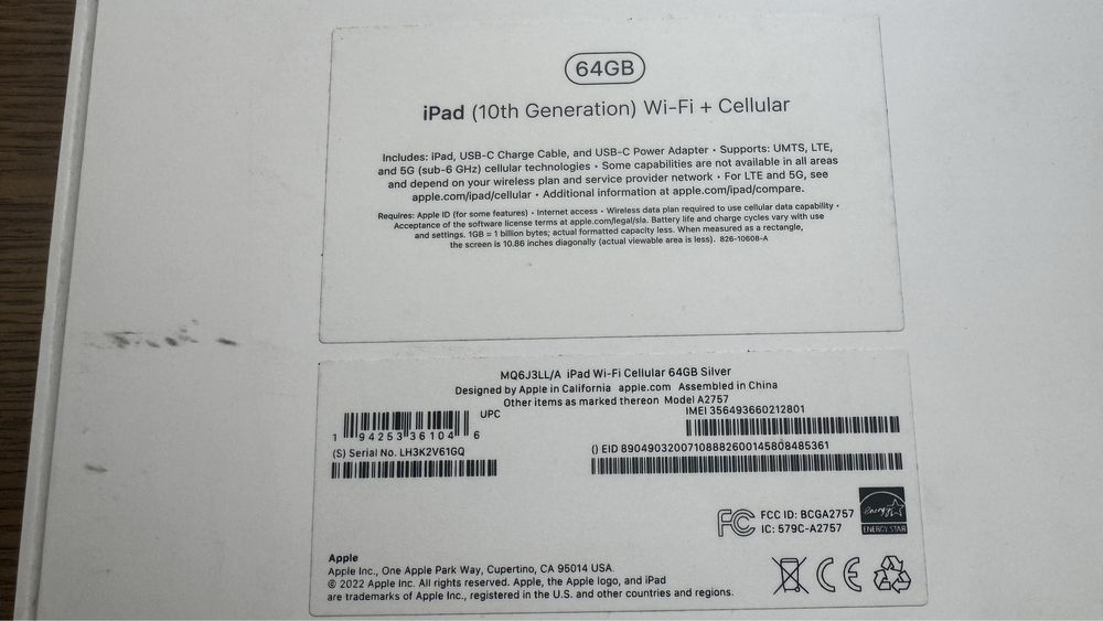 НОВИЙ Apple iPad 10 MQ6J3LL/A 64GB Silver Wi-Fi 4G LTE Cellular