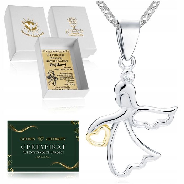 Piękny Srebrny Łańcuszek Singapur + Aniołek Z Serduszkiem Próba 925 Gr