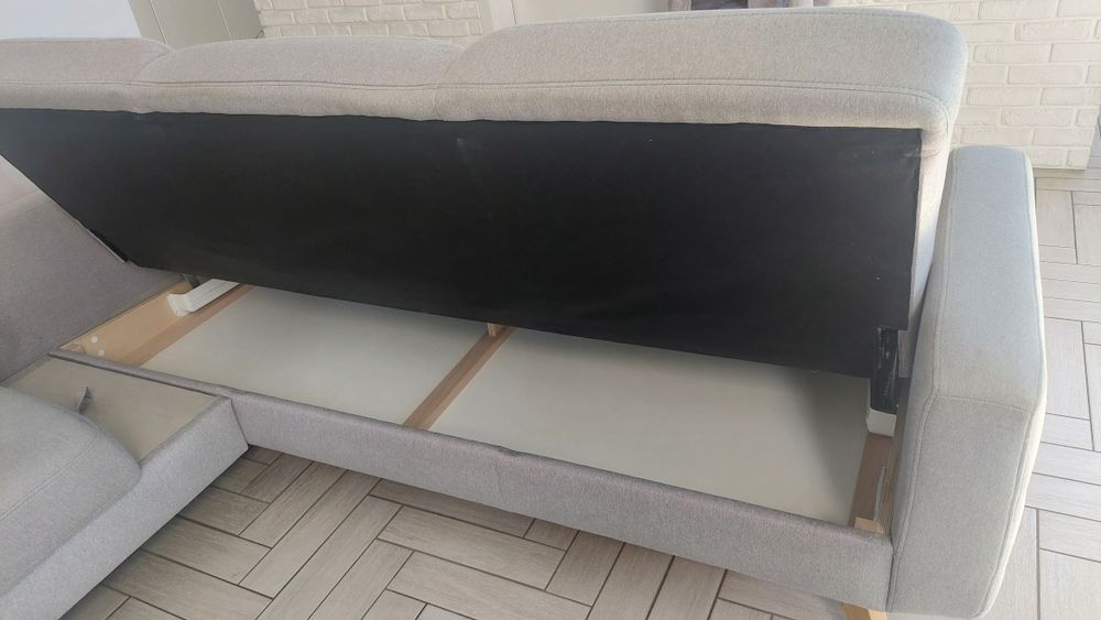 Narożnik sofa z funkcją spania, duzy pojemnik na posciel, nowoczesny