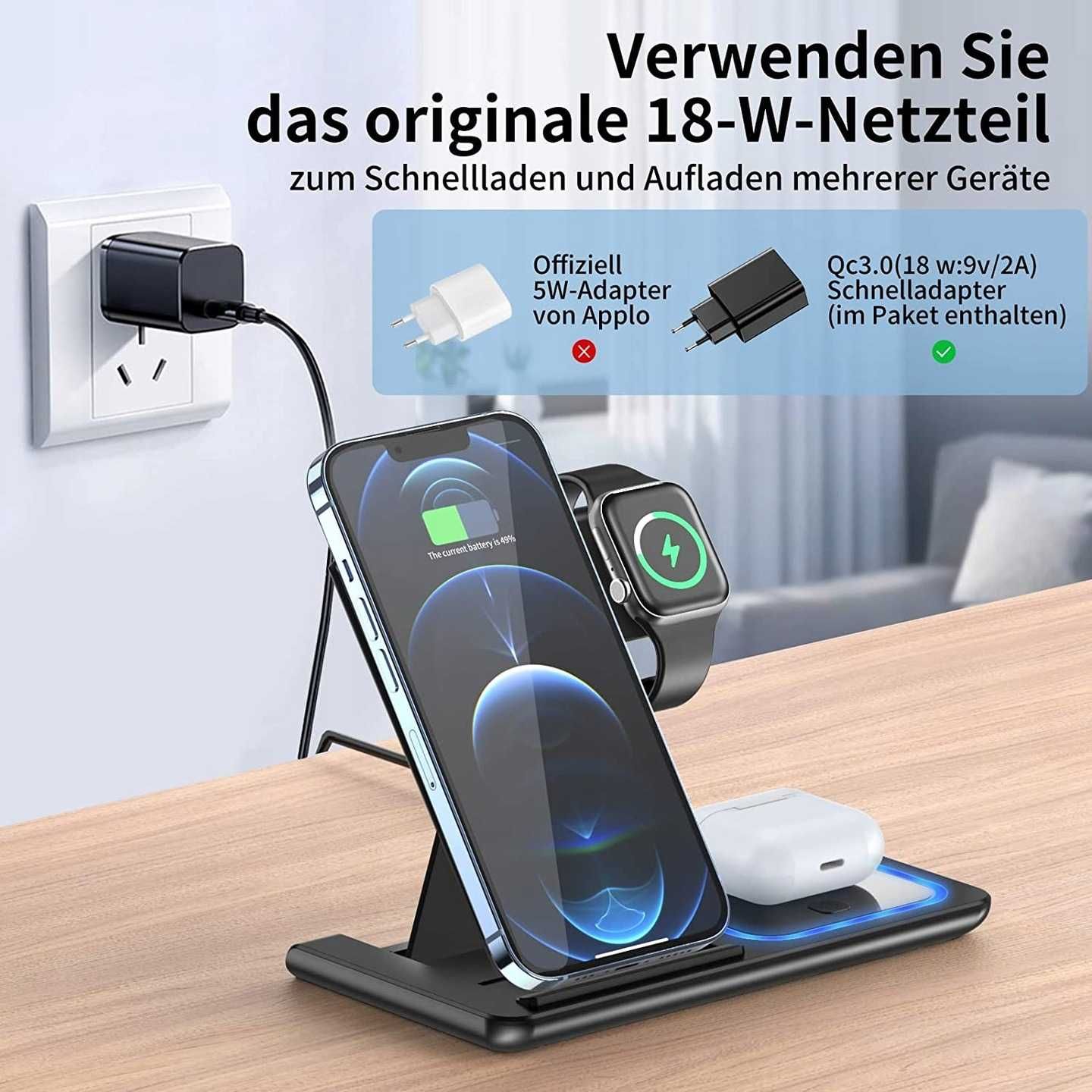 Ładowarka indukcyjna 2A 15W Qi Stacja ładująca 3w1 [2205]