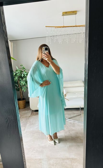 Wieczorowa zwiewna dluga sukienka plus size z narzutką, 2XL, 3xL
