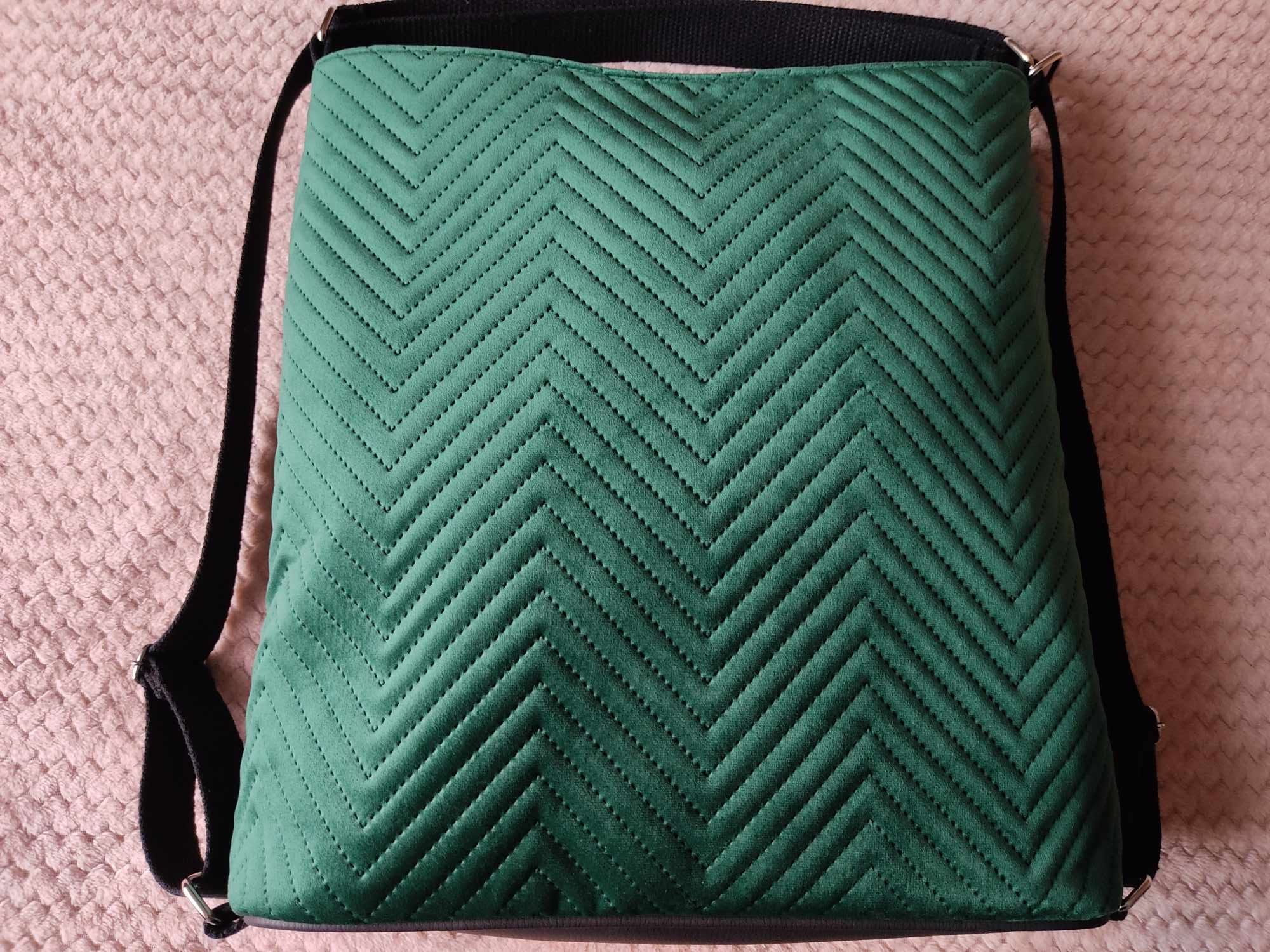 Torebko-plecak 2w1 ekoskóra zielony welur pikowana handmade torebka pl