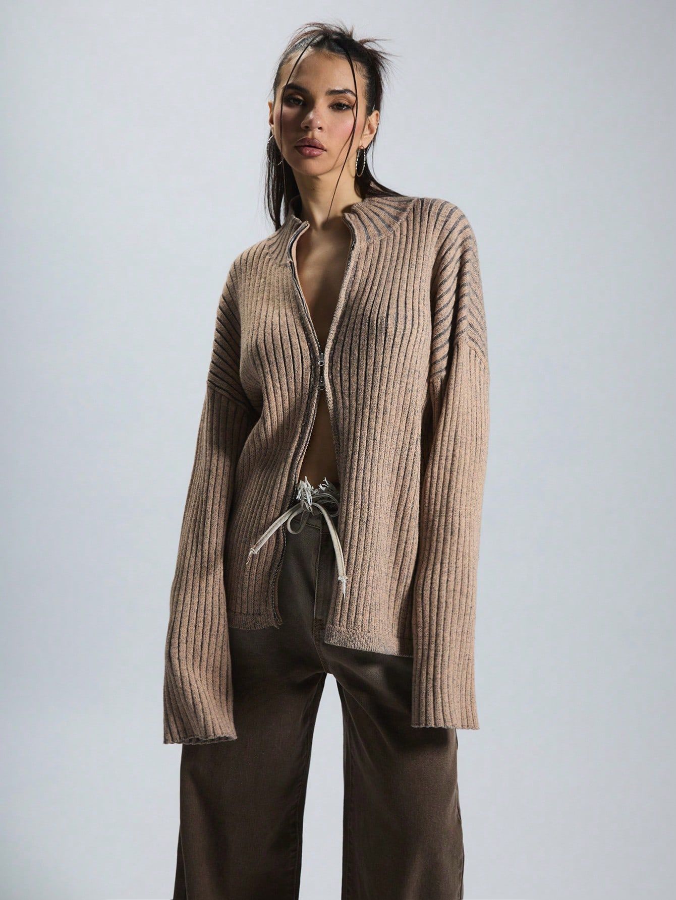 Kardigan Sweterek Rozpinany Se Stójką Brązowy Casual Musera Xs 34