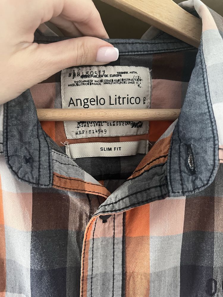 Męska pomarańczowa koszula w kratę, slim fit
