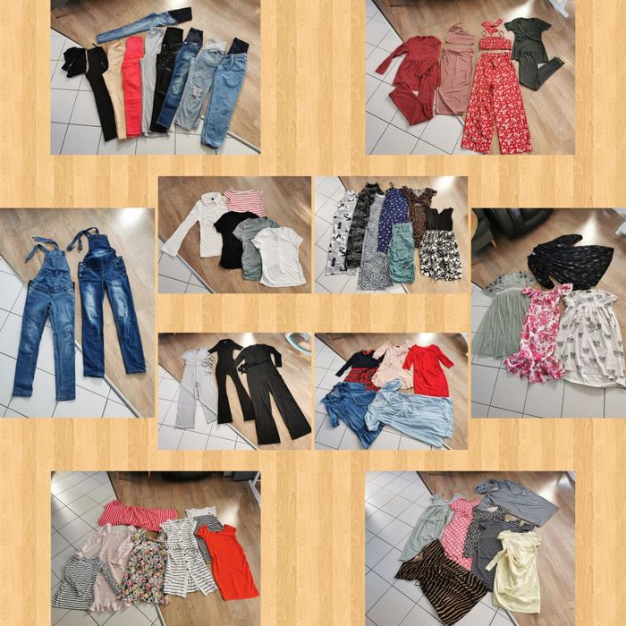 Paka ubrań, ubrania ciążowe spodnie ogrodniczki bluzki sukienki