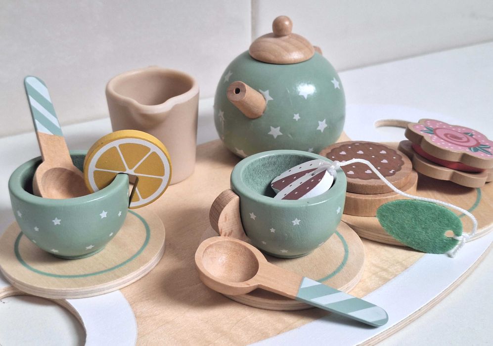 NOWY drewniany zestaw do herbaty dla dzieci serwis taca zabawka