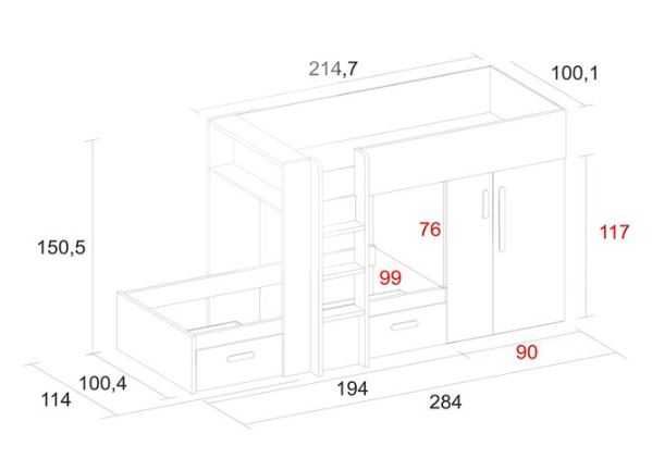 Beliche (2 camas, bunk bed) com colchões, gavetas e arrumação