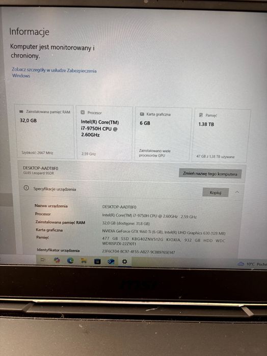 Laptop MSI GL65 Leopard 9SDR – i7 / 32GB RAM / GTX 1660 Ti / SSD + HDD