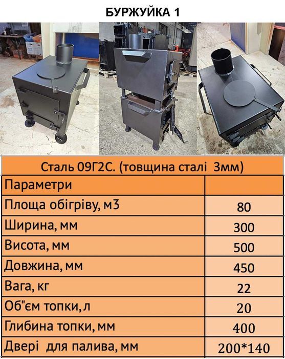 ГАРАНТІЯ! Буржуйка, Булер'ян, печь, піч, з плитою на 90м3, ЗАВОД!