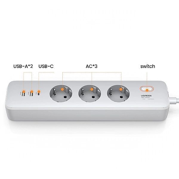 Przedłużacz Ugreen Cd286/3x Ac 2x Usb-a 1x Usb-c 30w z włącznikiem - b