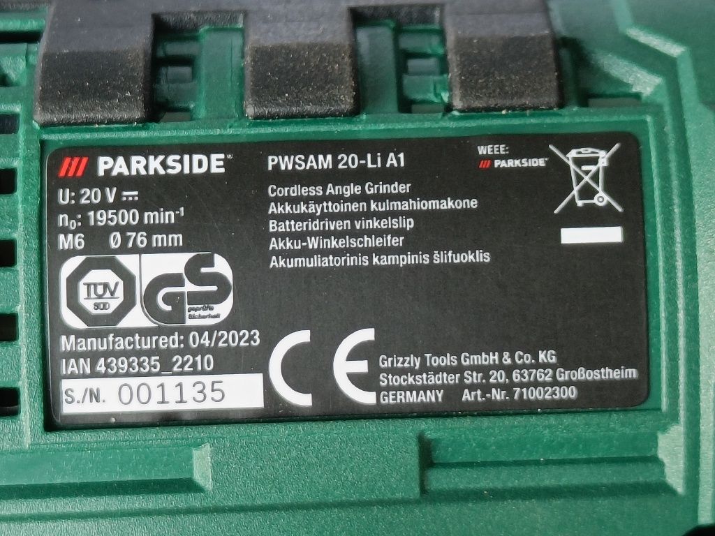 NOWA! Szlifierka kątowa akumulatorowa Parkside PWSAM 20-Li A1 20V