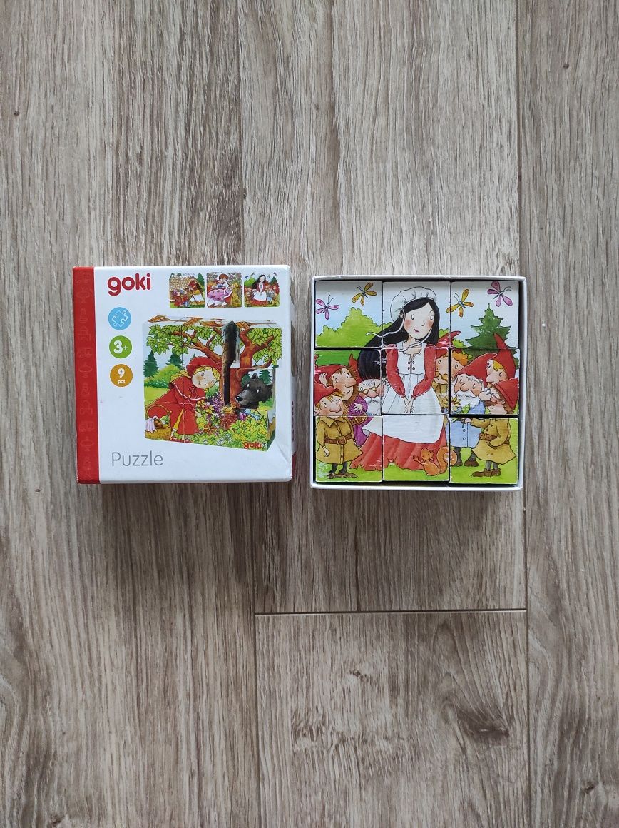 Drewniane, sześcienne puzzle Goki, postacie z bajek, stan bdb