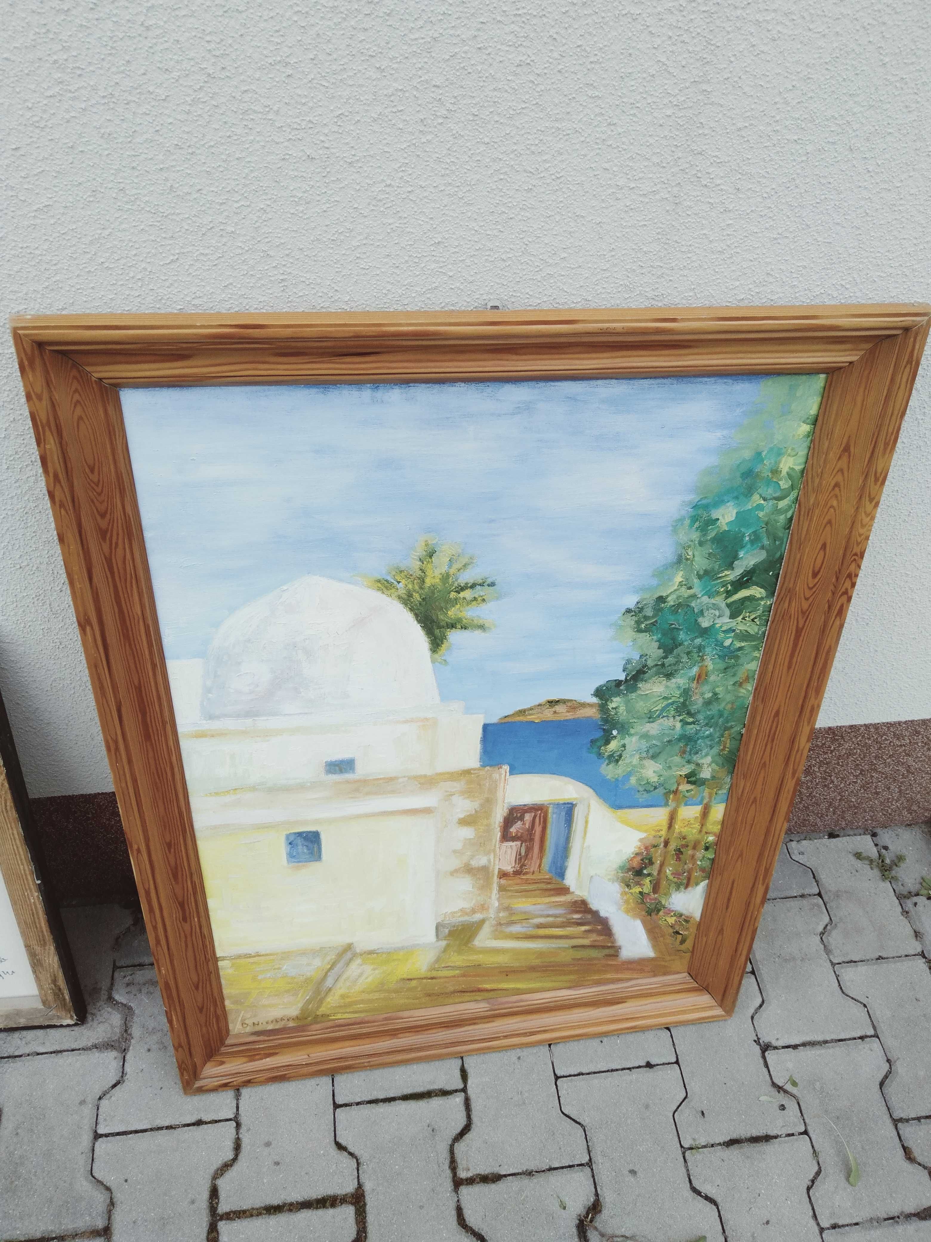 Stary duży obraz w ramie na płótnie 90 x 70 cm. ASP Poznań