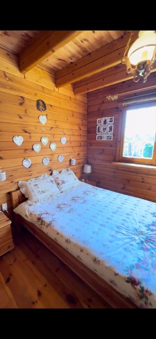 Bajkowy drewniany domek nad jeziorem z linią brzegową i prywatnym molo
