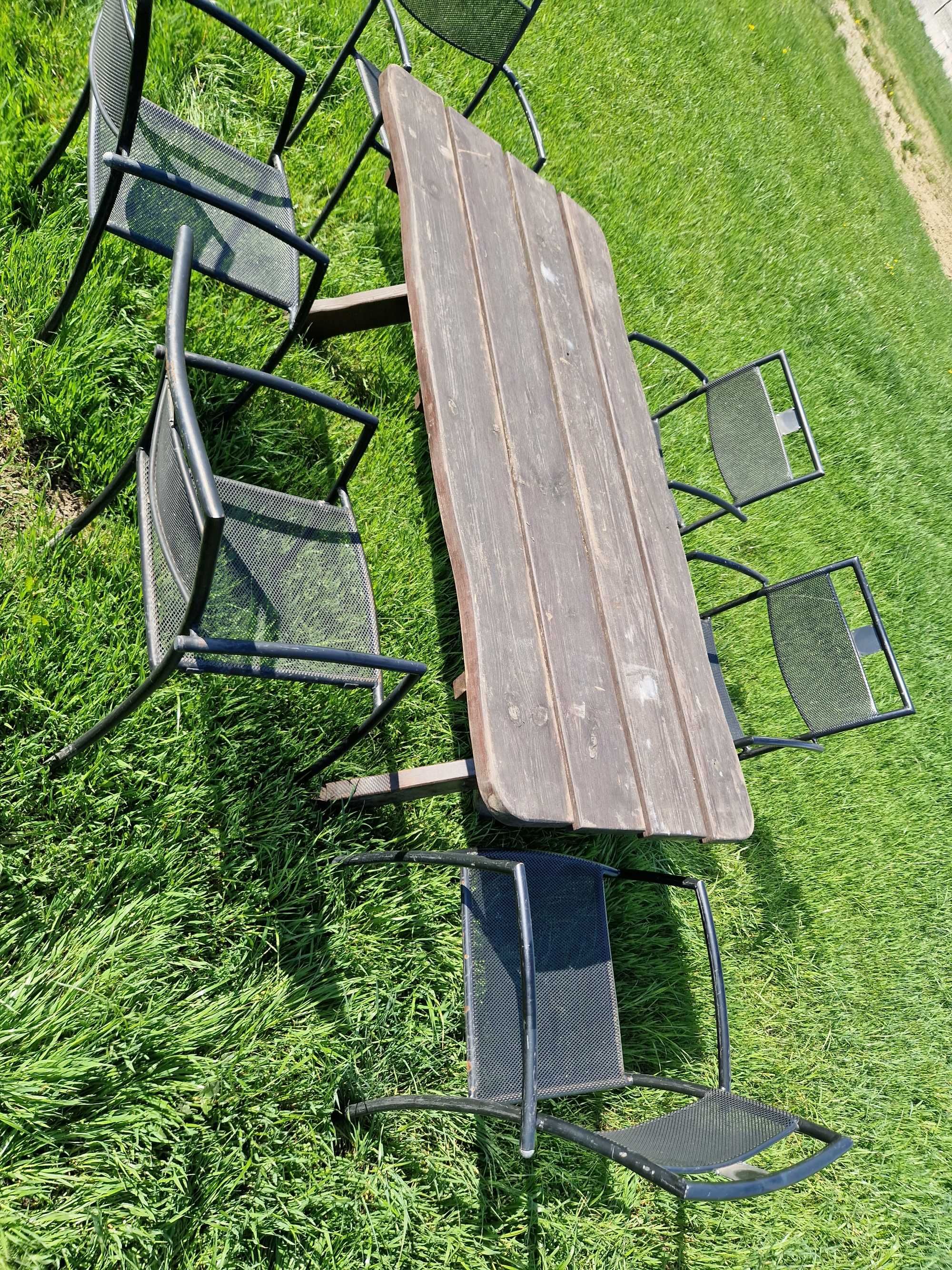 Zestaw ogrodowy drewniany stół i krzesła 6 sztuk metalowe