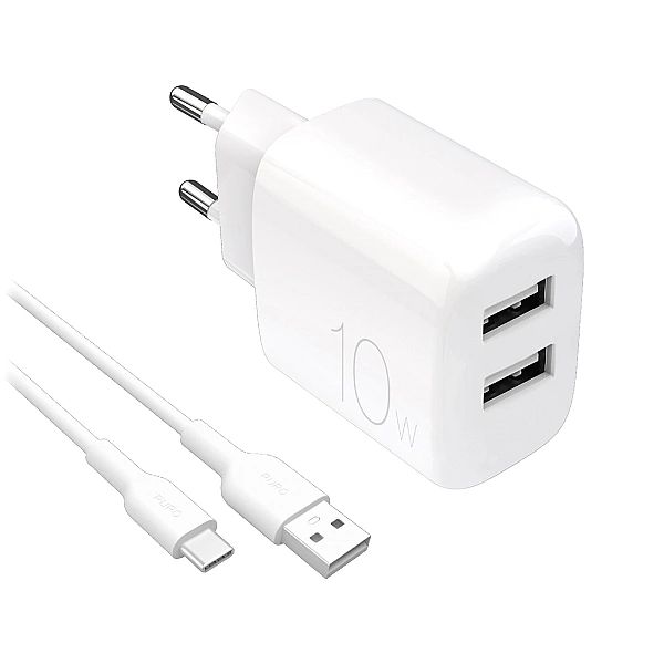 Ładowarka sieciowa Puro PROLITE 10W 2x USB-A + kabel USB-A - USB-C 1.2