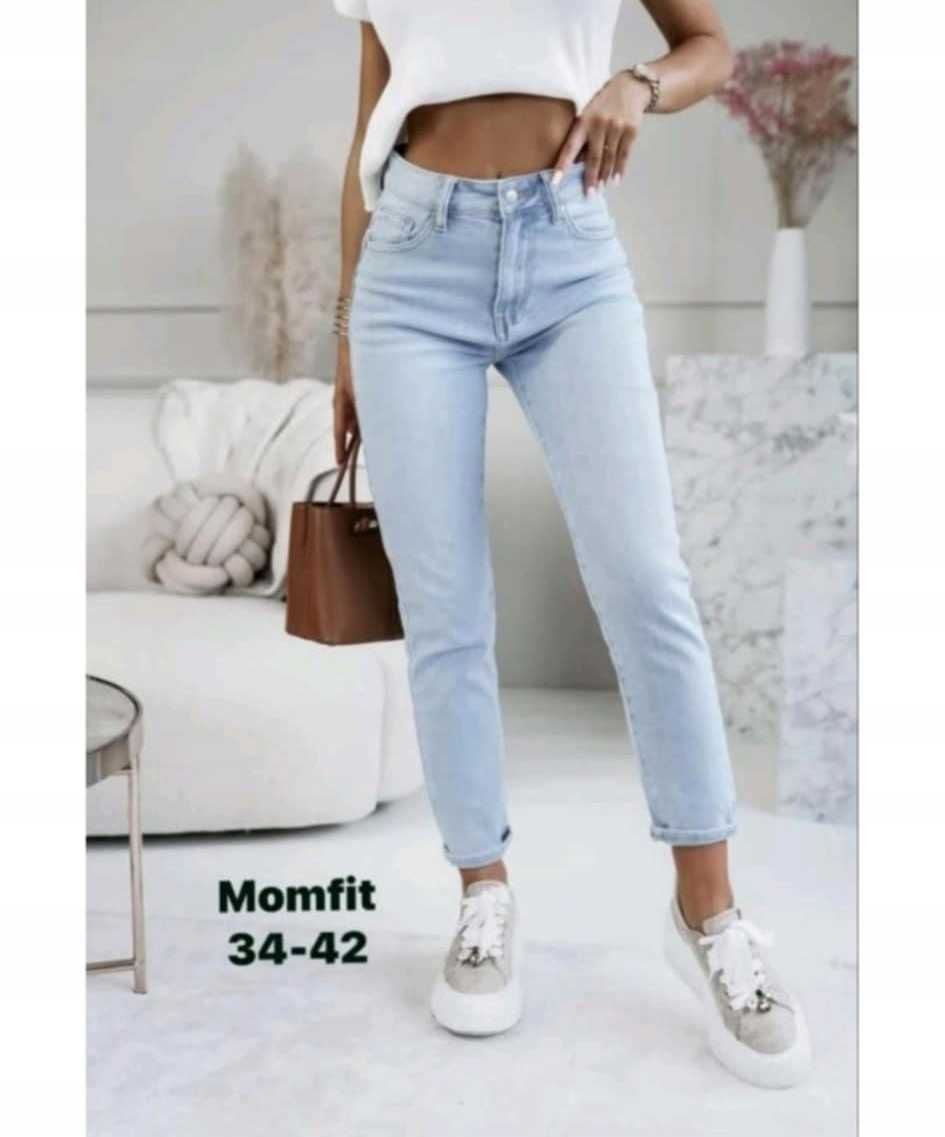 Mom Jeans Shiny Design wysoki stan mocno elastyczne miękka bawełna M