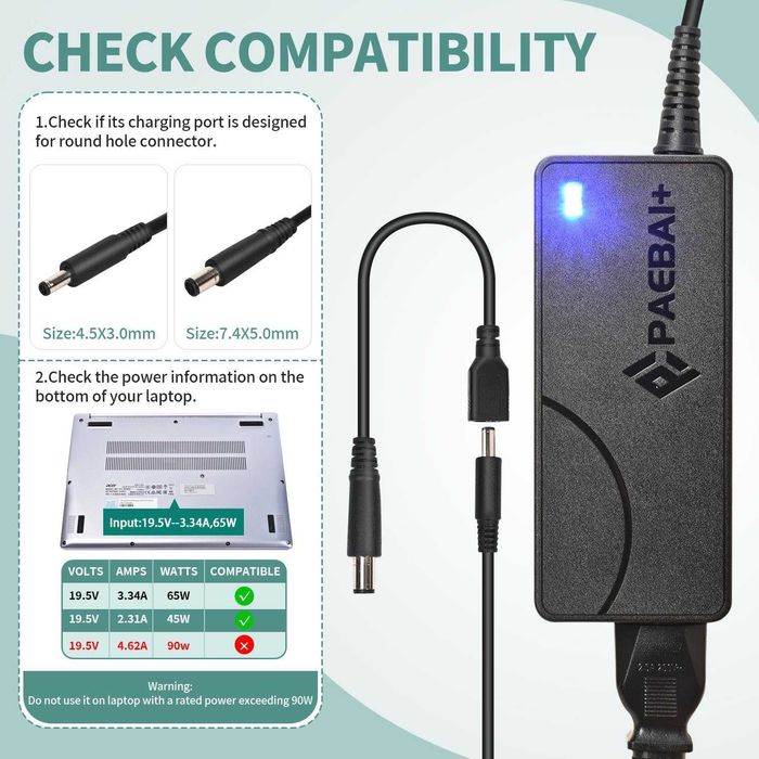 PAEBAI+ 65W  zasilacz kabel do ładowania Laptop Dell Inspiron