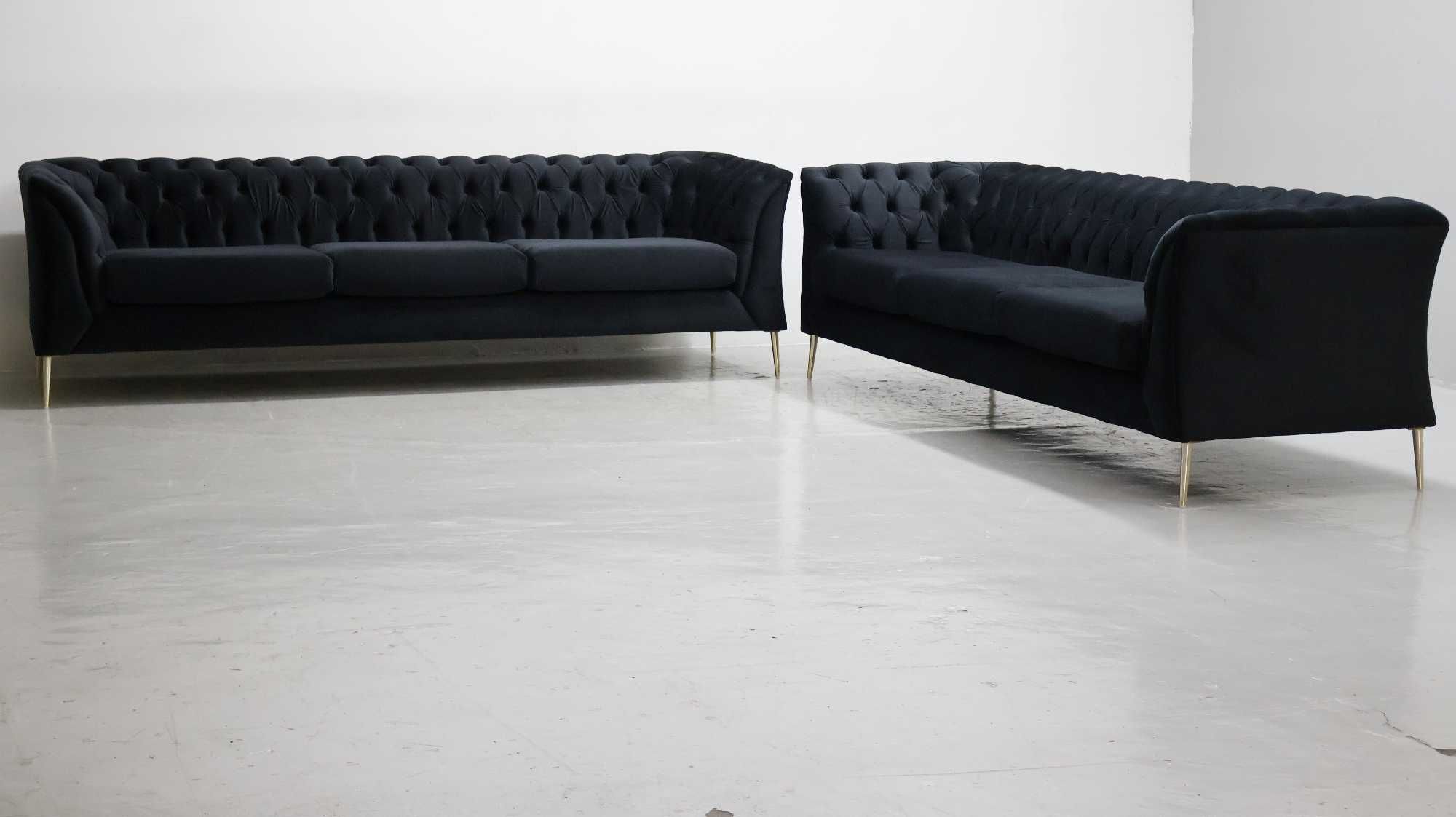 STY DESIGN WIELKA SOFA 3+3 kanapa czarny welur złote nogi zestaw kompl