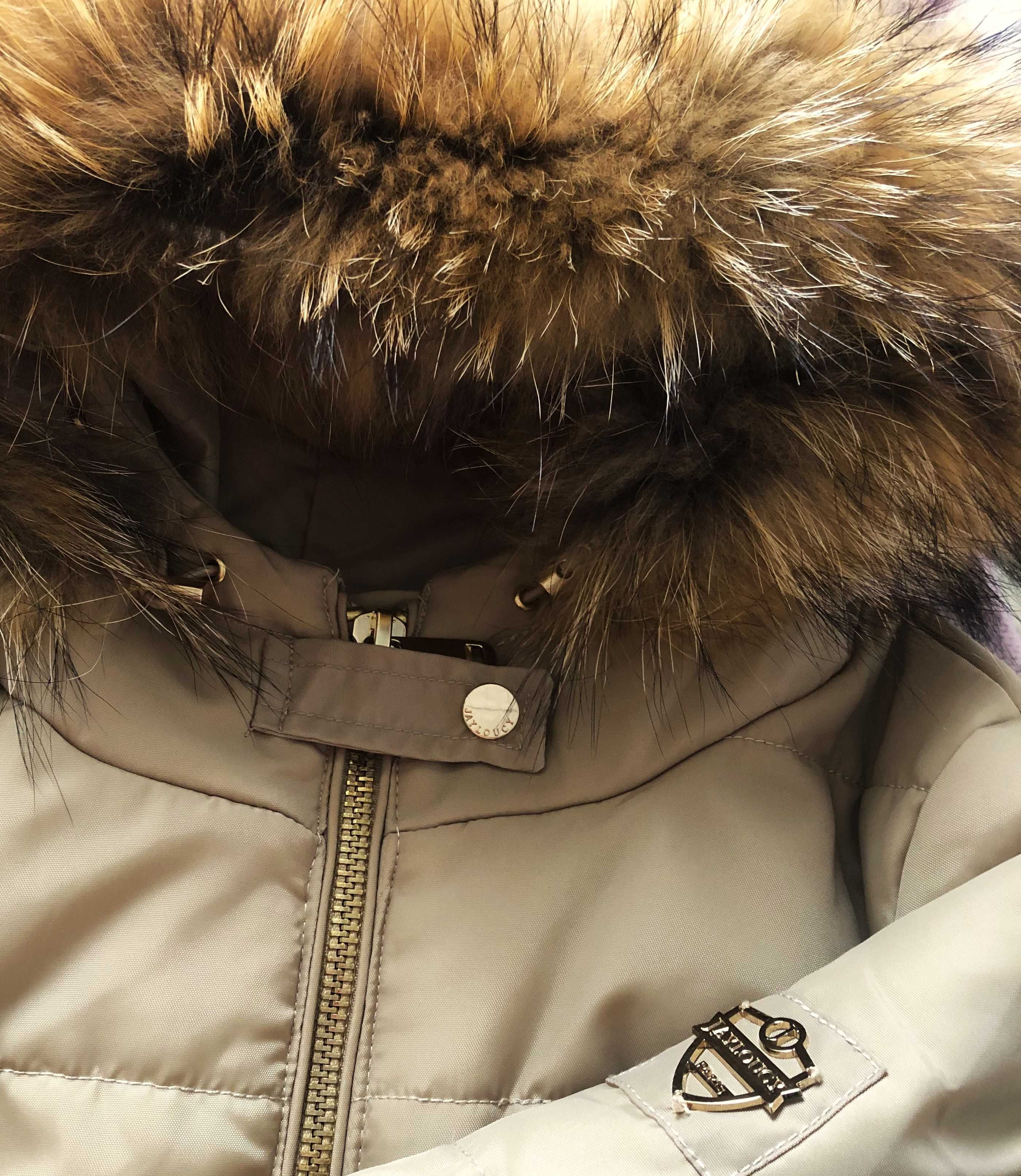 JAYLOUCY płaszcz,parka, kaptur z natural, jenotem złote zamki M