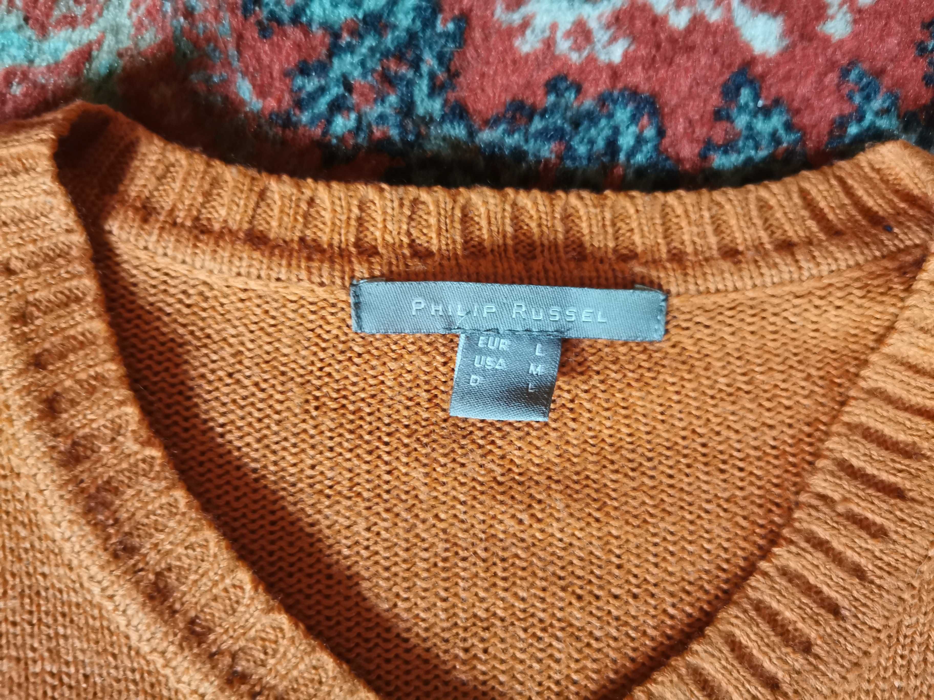 Sweter pomarańczowy w serek - Philip Russel - rozmiar L