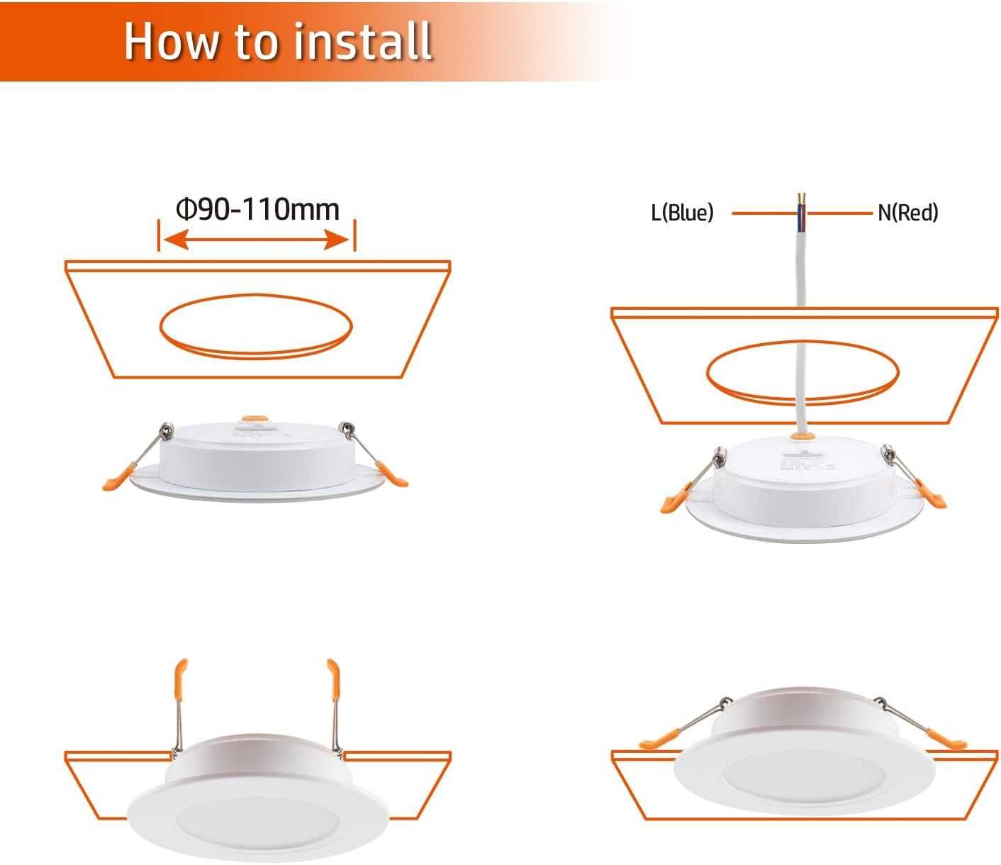 Reflektor LED do zabudowy,230 V,płaski,9W,6 sztuk do zabudowy, biały