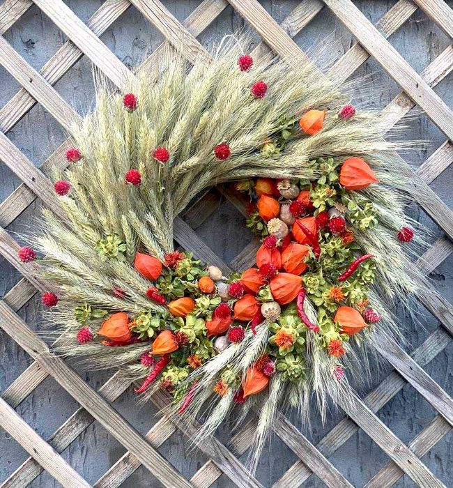 Атмосферний осінній вінок з пшениці фізаліса та сухоцвітів, 50 см
