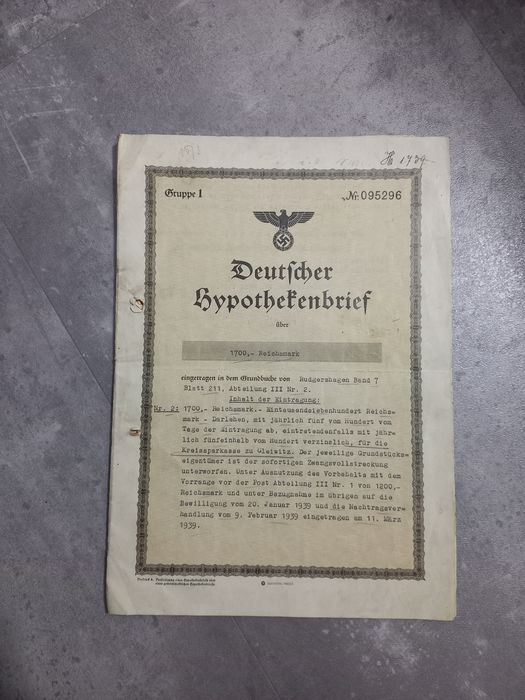 Stary niemiecki dokument hipoteki - 1939 rok