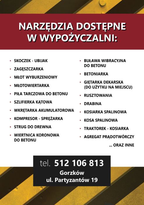 Wypożyczalnia sprzętu budowlanego - narzędzi budowlanych/ogrodniczych