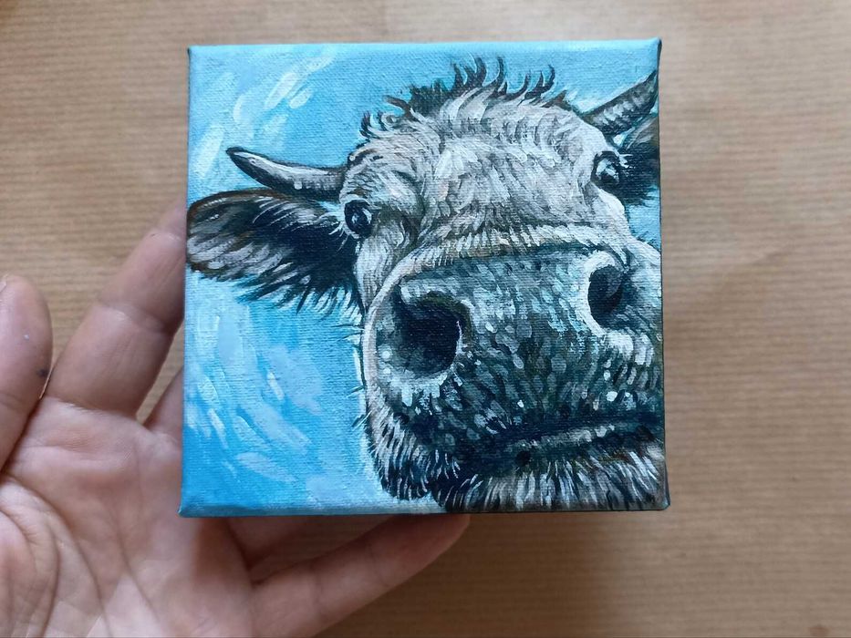 Krowa, obrazek ręcznie malowany 10x10cm