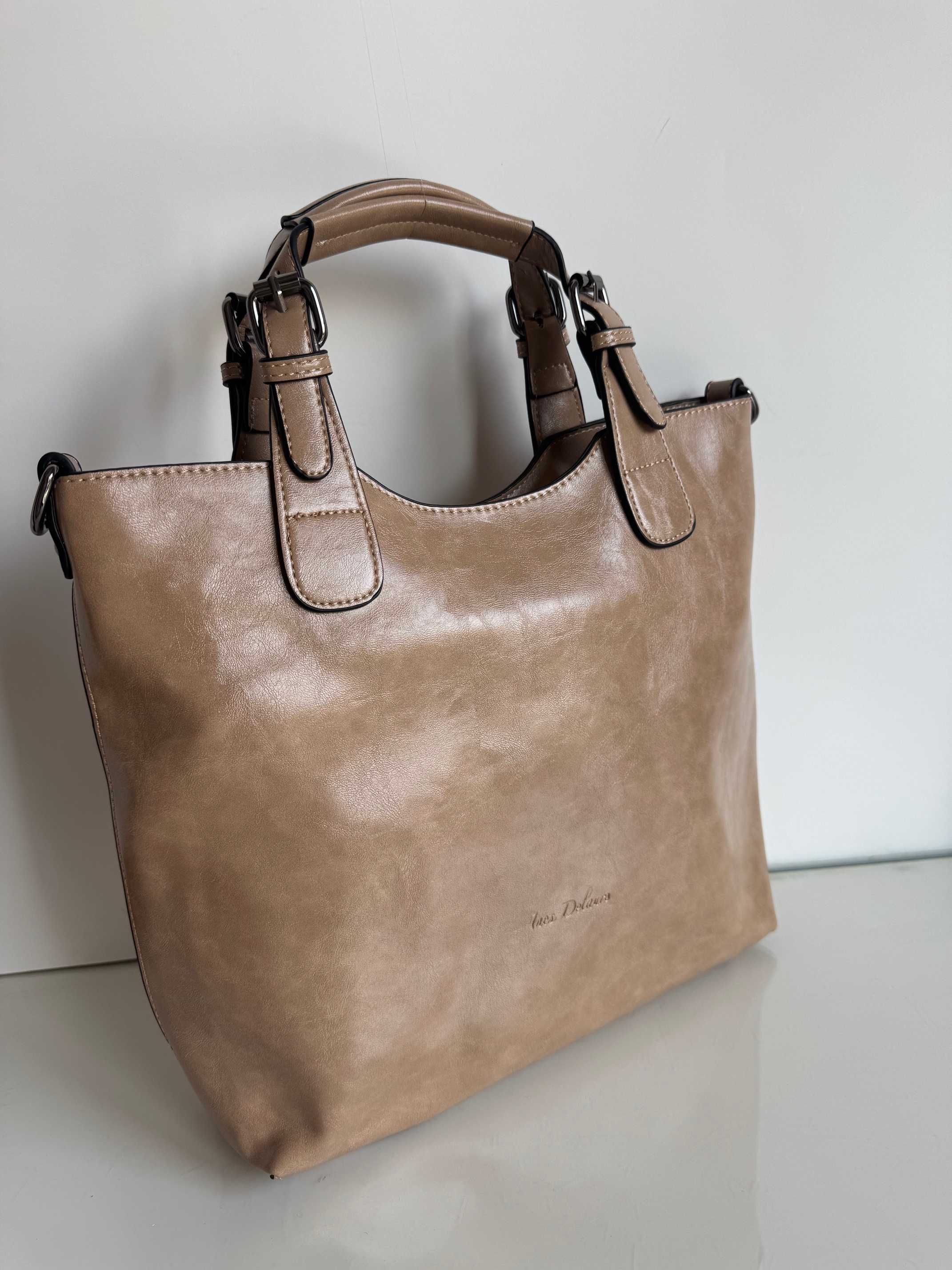 Torebka Ines Delaure beżowa taupe duży hit zarka elegancka błyszcząca