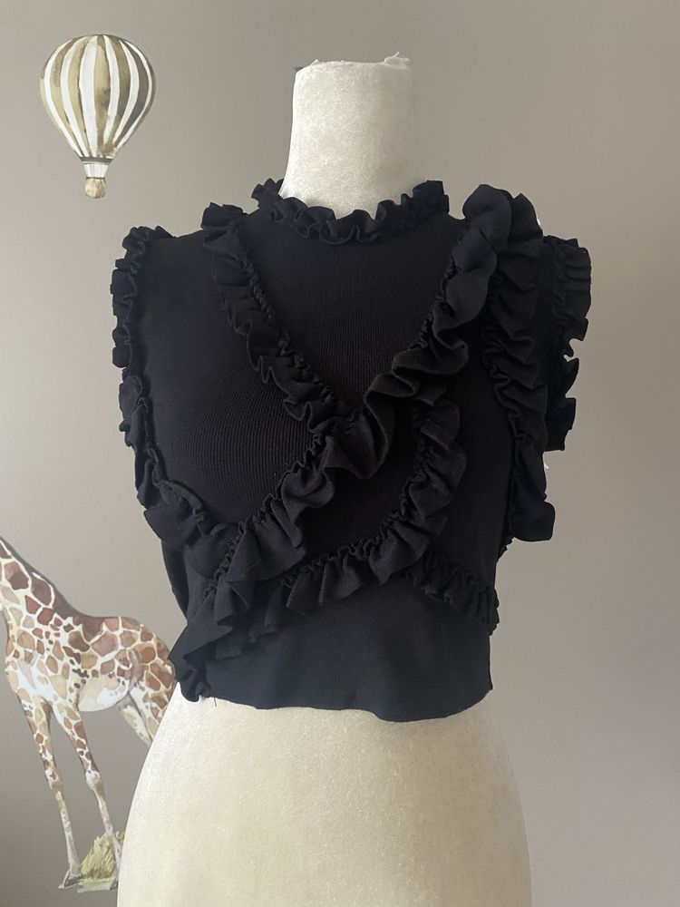 Top bluzka czarna zara crop top czarny falbanki