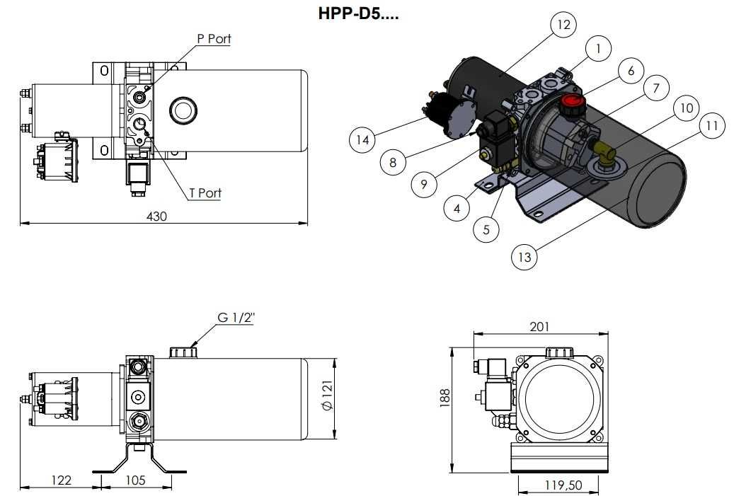 Гидравлическая Мини маслостанция HPPD5-1170 (12В, 0.8 кВт, бак 2 л)