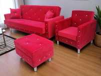 Glamour Kryształ sofa KOMPLET mebli zestaw Wersalka Fotel Podnóżek PUF