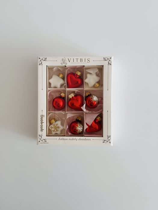 Szklane bombki choinkowe czerwone białe Vitbis