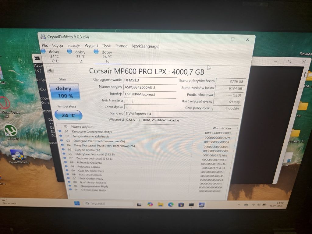 Dysk SSD Corsair MP600 Pro LPX 4TB M.2 2280 PCI-E x4 Gen4 PC PS5 NVMe
