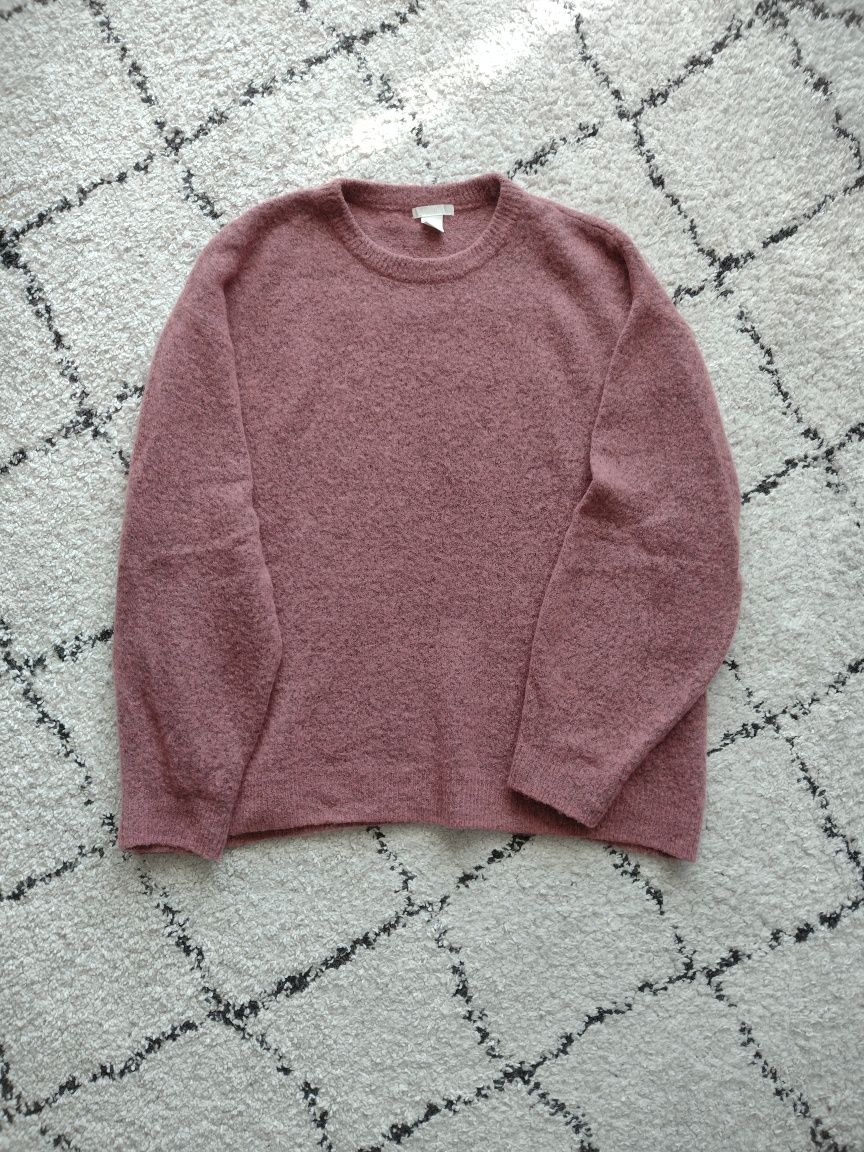 H&M sweter oversize moher wełna różowy M vintage retro