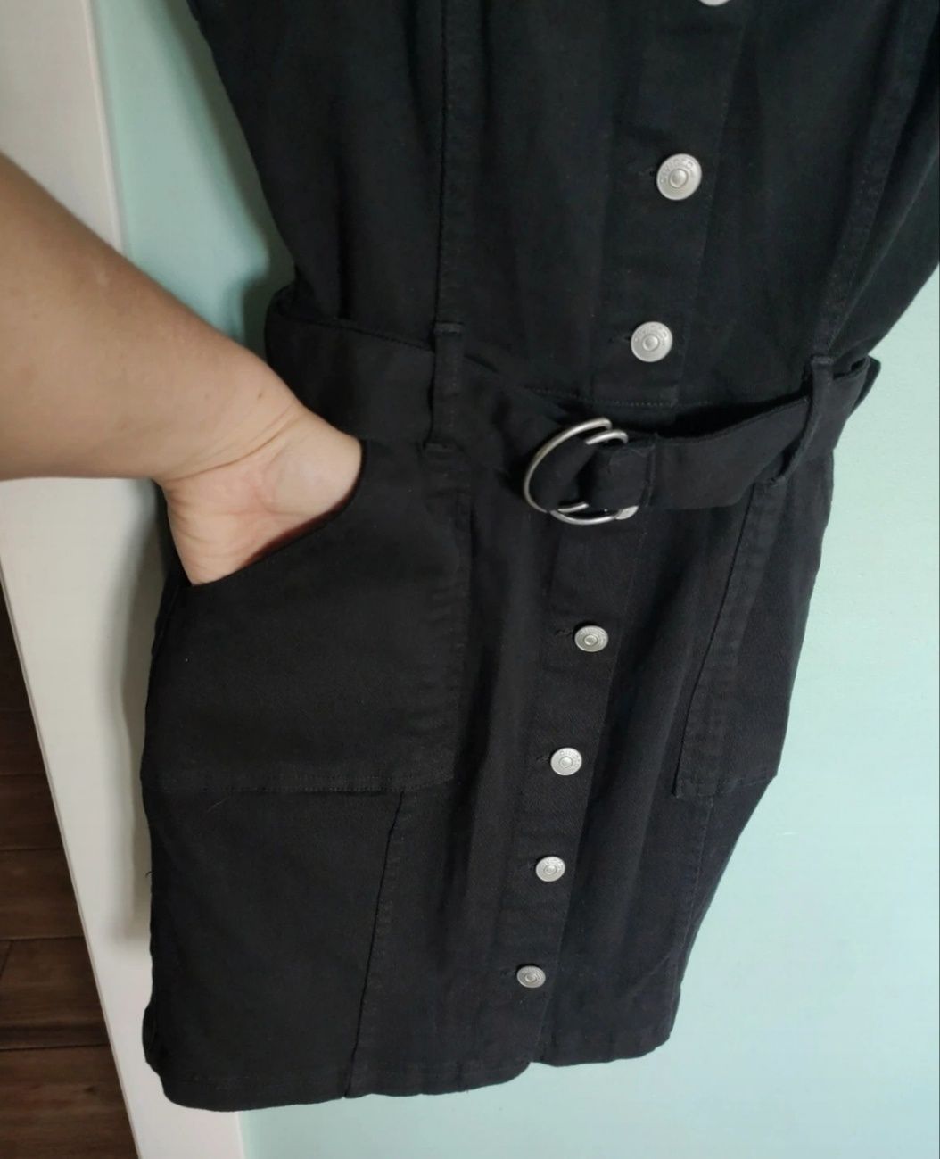 H&M jeansowa czarna sukienka na szelkach na guziki S 36