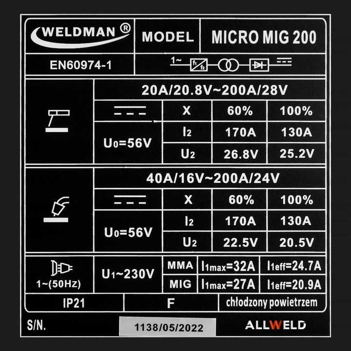 Spawarka Migomat Weldman Micro MIG 200 MAG MMA Aluminium IGBT 200A 230