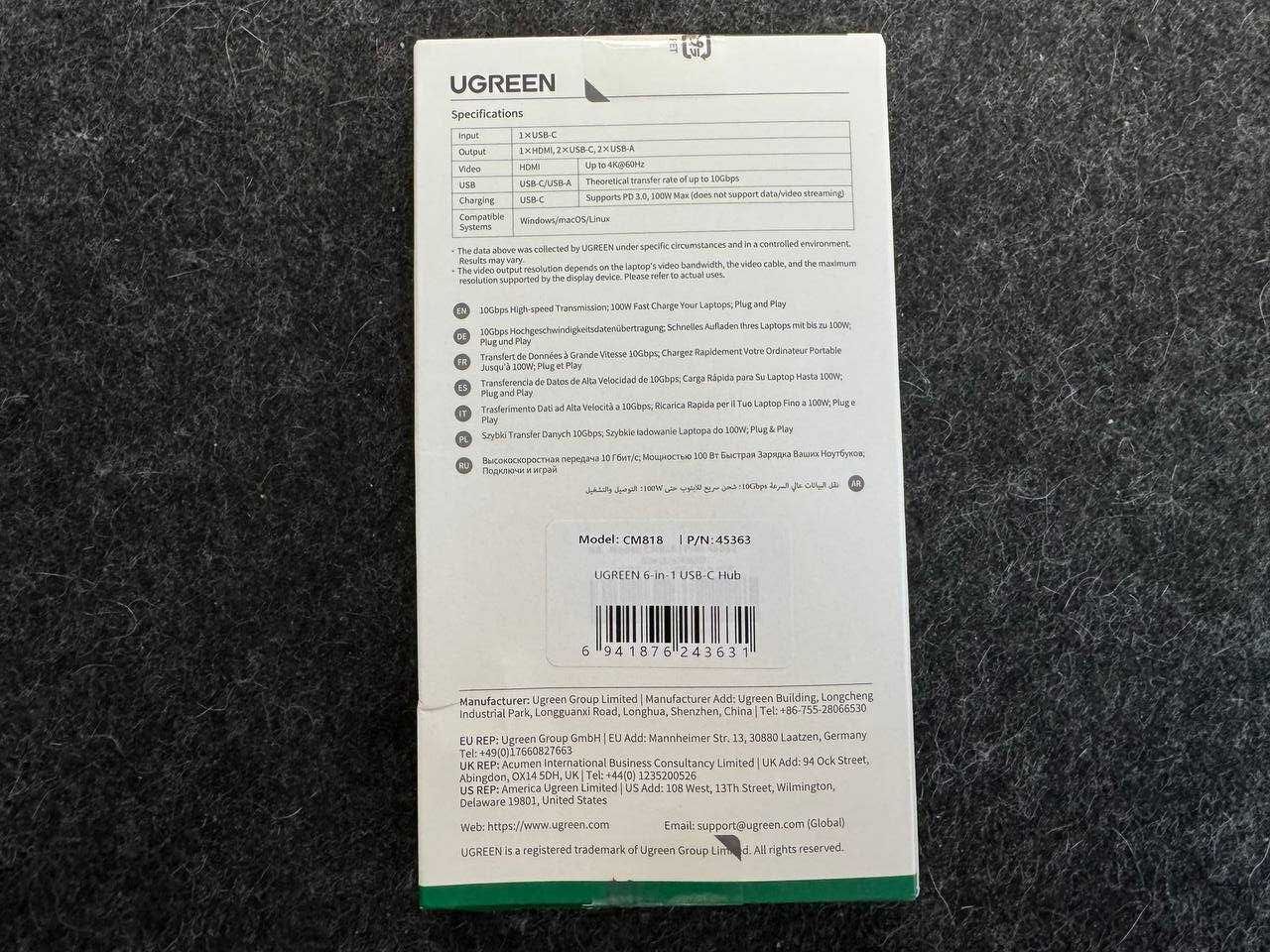 USB Хаб Ugreen Revodok 6в1 CM818 HDMI 4K 60Hz C 3.2 10Gbps 100W PD Hub